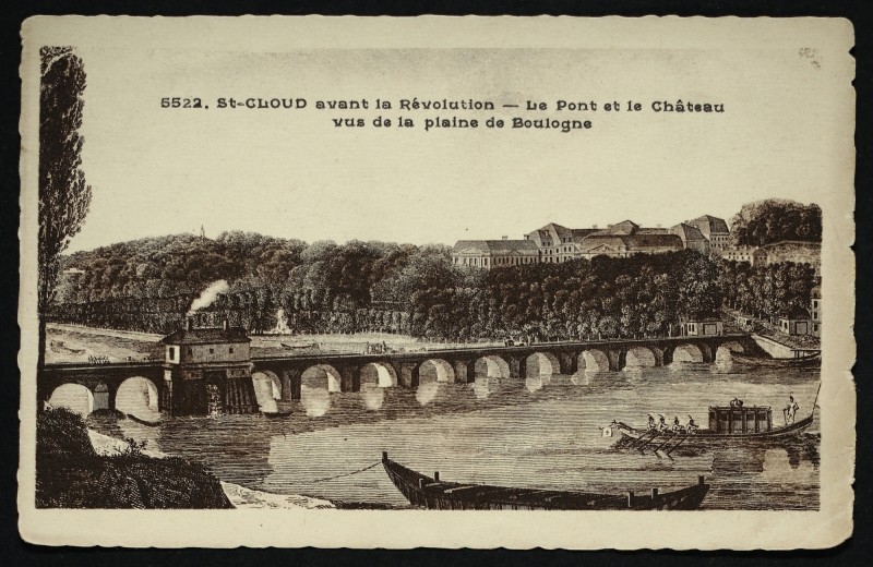 Carte postale ancienne St-Cloud avant la Révolution - Le Pont et le Château vus de la plaine de Boulogne à Saint-Cloud