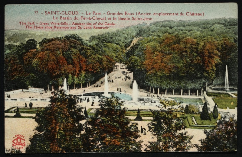 Carte postale ancienne Grandes Eaux (Ancien emplacement du château). Le Bassin du Fer-à-Cheval et le Bassin Saint-Jean - Great Waterfalls - Ancient site of the Castle - The Horse shoe Reservoir and St. John Reservoir à Saint-Cloud
