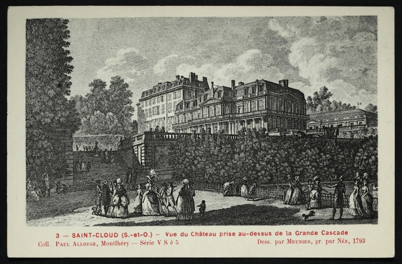 Carte postale ancienne Vue du Château prise au-dessus de la Grande Cascade dess. par Meunier, gr. par Née, 1793 à Saint-Cloud
