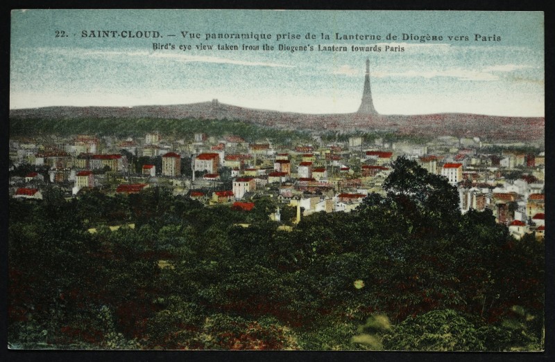 Carte postale ancienne Vue panoramique prise de la Lanterne de Diogène vers Paris à Saint-Cloud