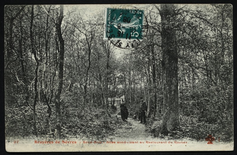 Carte postale ancienne Bruyères-de-Sèvres - Sous Bois conduisant au restaurant du Rocher à Sèvres