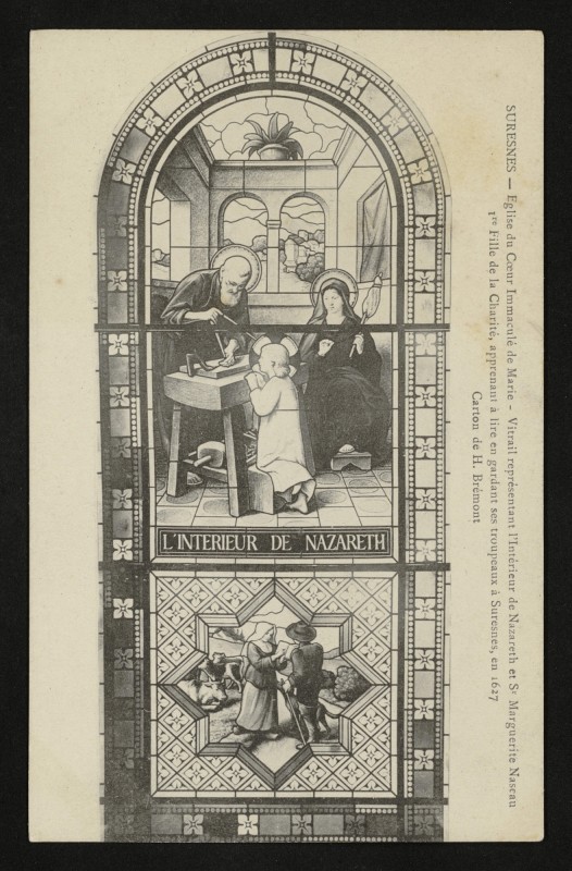 Carte postale ancienne Eglise du Coeur Immaculé de Marie - Vitrail représentant l'Intérieur de Nazareth et St Marguerite Naseau 1ère Fille de la Charité, apprenant à lire en gardant ses troupeaux à Suresnes, en 1627. Carton de H. Brémont à Suresnes