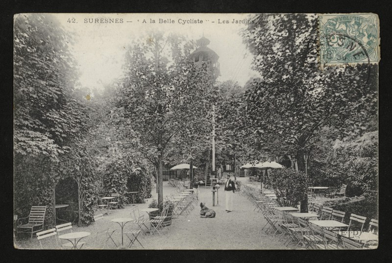 Carte postale ancienne A la Belle Cycliste - Les Jardins ELD à Suresnes