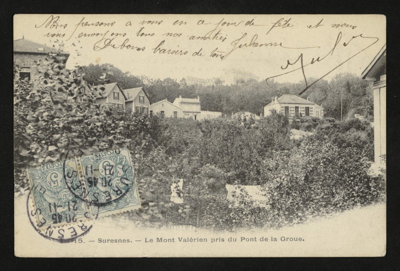 Carte postale ancienne Le Mont-Valérien pris du Pont de la Groue à Suresnes
