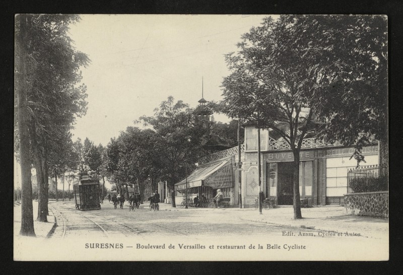 Carte postale ancienne Boulevard de Versailles et restaurant de la Belle Cycliste à Suresnes