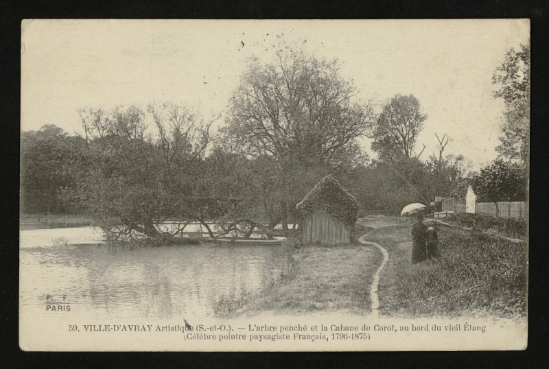Carte postale ancienne L'arbre penché et la Cabane de Corot, au bord du vieil Etang (célèbre peintre paysagiste Français, 1796-1875). à Ville-d'Avray