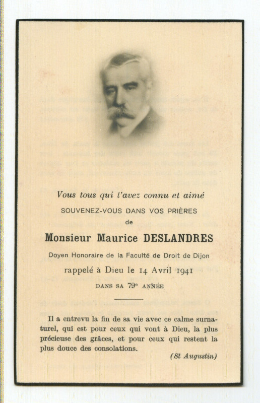 Carte postale ancienne Image mortuaire Maurice Deslandres (recto)
