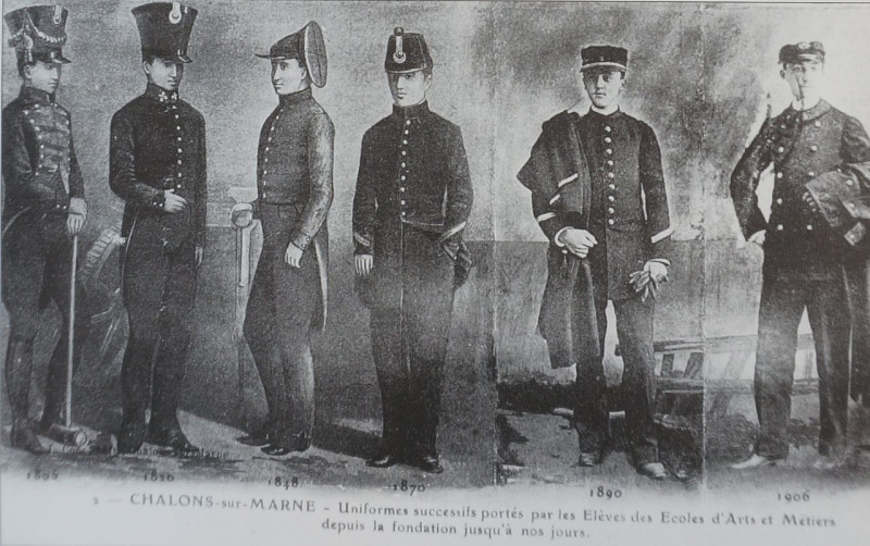 Carte postale ancienne Uniformes successifs portés par les élevés des Ecoles d'Arts et Métiers depuis la fondation à nos jours à Paris 13e