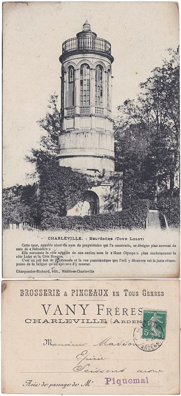 Carte postale ancienne Charleville — Belvédère ou Tour Lolot — recto-verso à Charleville-Mézières
