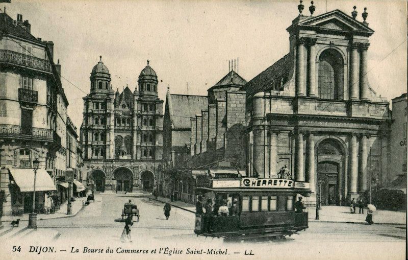 Carte postale ancienne Ll 54 - Dijon - La Bourse du Commerce et l'Eglise Saint-Michel à Dijon
