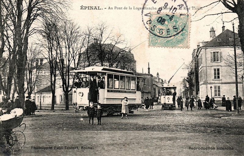 Carte postale ancienne Tramway Epinal rue Thiers 1906 à Épinal