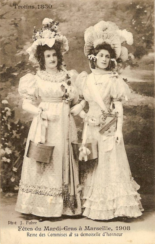Carte postale ancienne Reine du Commerce et sa Demoiselle d'honneur - Mardi Gras - Marseille 1908 Photo J. Fabre à Marseille