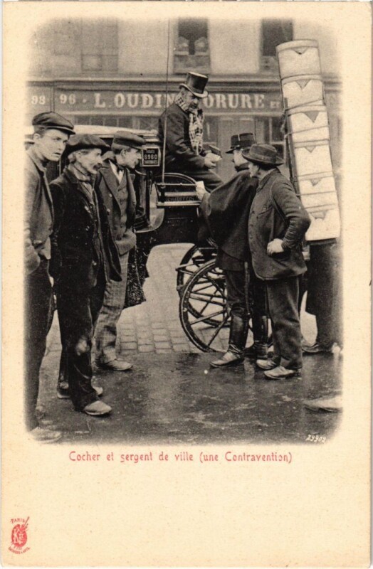 Carte postale ancienne Cocher et sergent de ville (une Contravention) à Paris 11e