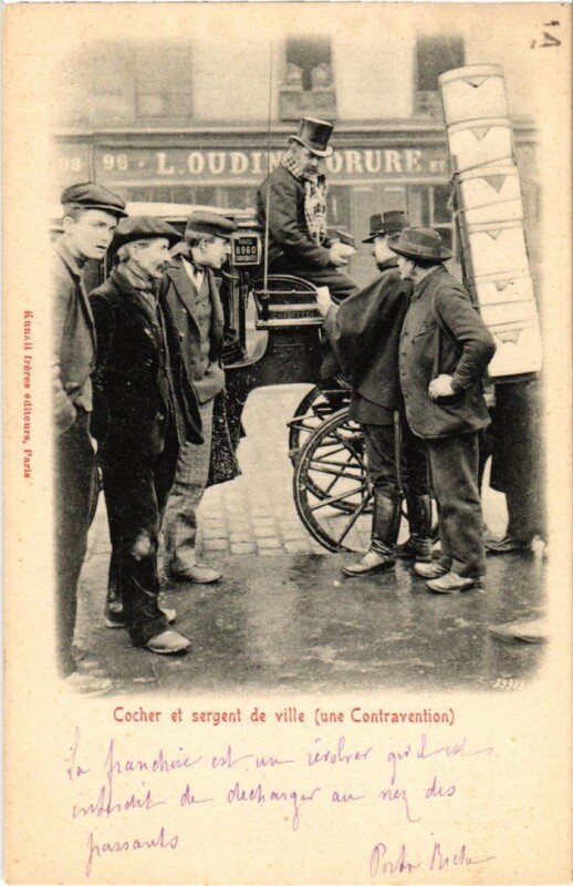 Carte postale ancienne Paris Cocher et sergent de Ville une contravention Transport à Paris 11e