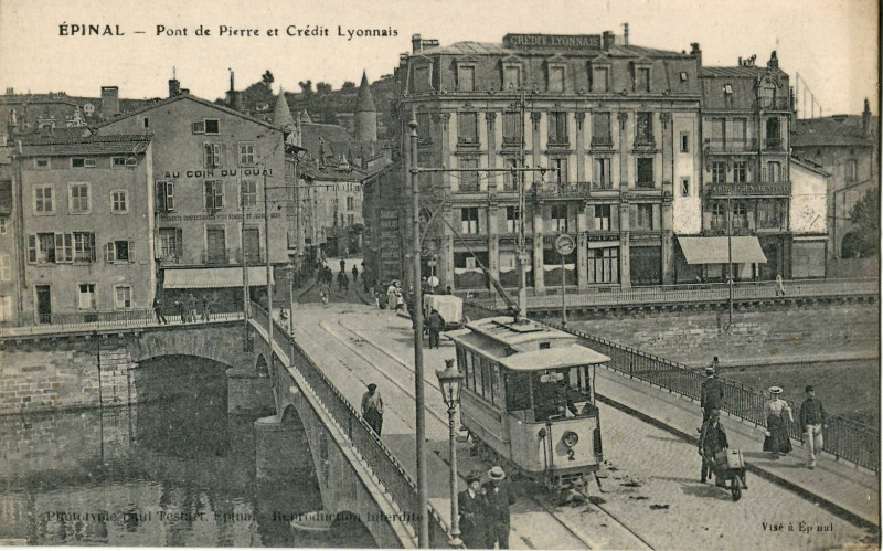 Carte postale ancienne Testart - Epinal - Pont de Pierre et Crédit Lyonnais