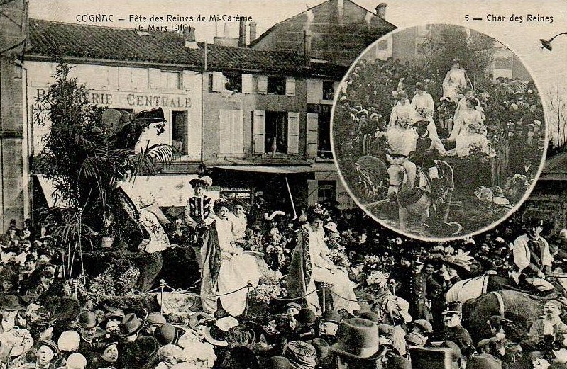 Carte postale ancienne Cognac - Char des Reines de la Mi-Carême 1910
