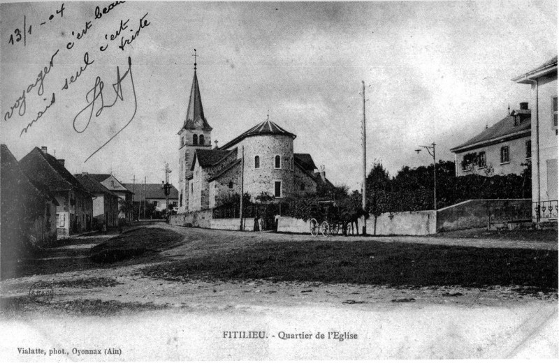 Carte postale ancienne Fitilieu, quartier de l'église en 1906, p 83 de L'Isère les 533 communes - Vialatte, phot de Oyonnax, Ain