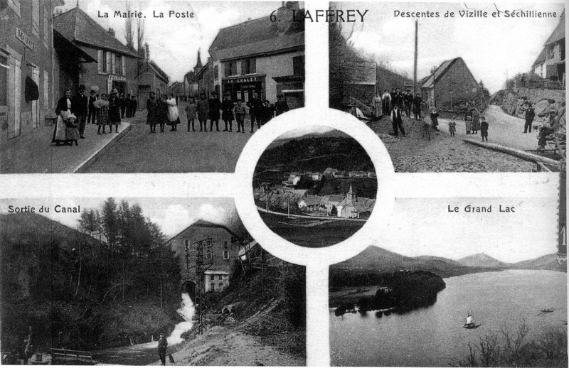 Carte postale ancienne Laffrey, carte postale 1910, la mairie, la poste, descentes de vizille et Séchillienne, sortie du canal, le Grand Lac, p 110 de L'Isère les 533 comm