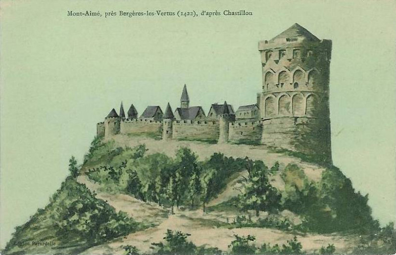 Carte postale ancienne Carte postale du Mont Aimé en 1422 d'après la gravure de Chastillon