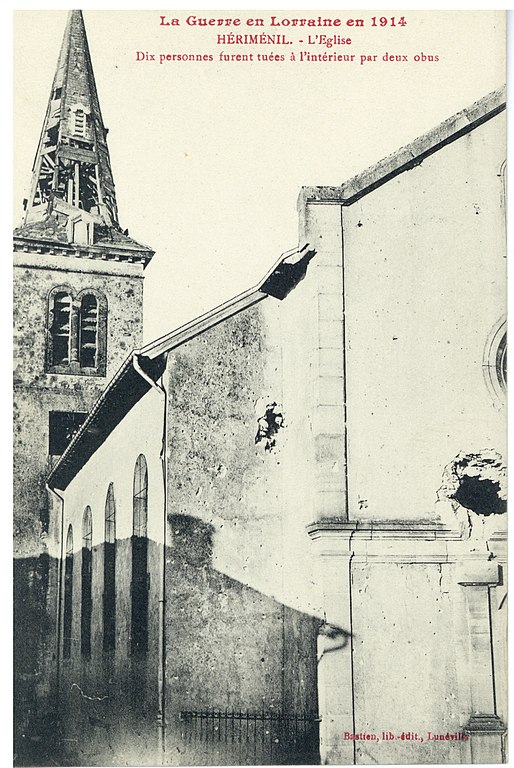Carte postale ancienne Hériménil. L'Eglise - dix personnes furent tuées à l'intérieur par deux obus , la Guerre en Lorraine P-Fg-Cp-00181