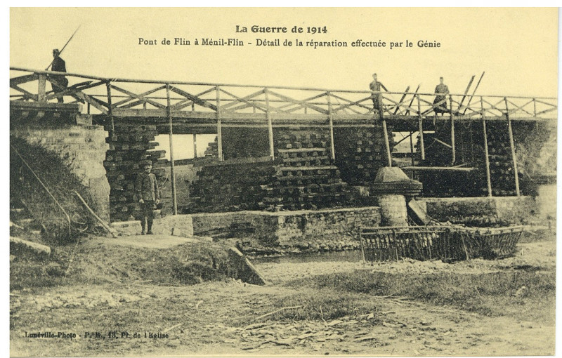 Carte postale ancienne Pont de Flin à Ménil-Flin - détail de la réparation effectuée par le Génie, la Guerre de 1914 P-Fg-Cp-00136