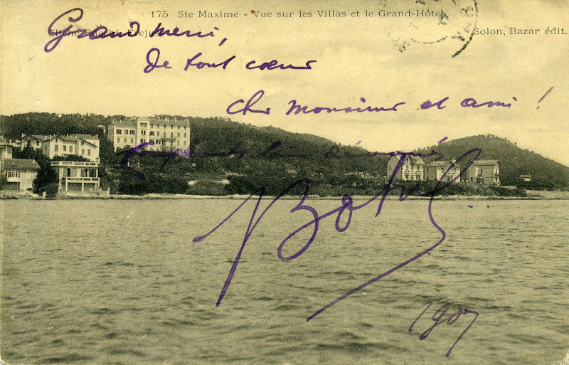 Carte postale ancienne Sainte-Maxime postcard with autograph of Théodore Botrel. 1907.