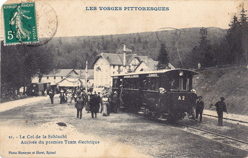 Carte postale ancienne Le Col de la Schlucht - Arrivée du premier Tram électrique au Valtin