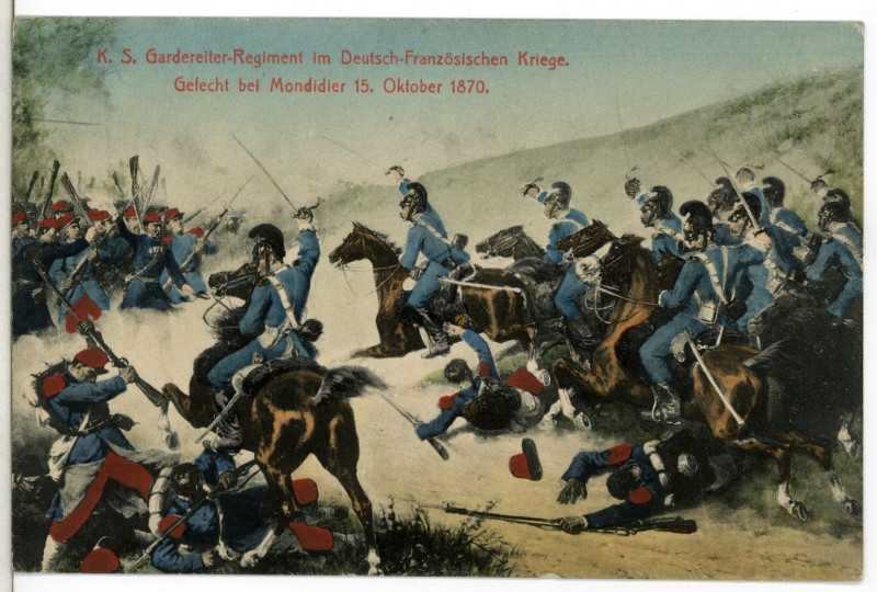 Carte postale ancienne 12138-Mondidier-1910-Königlich Sächsisches Gardereiter-Regiment im Gefecht bei Mondiedier 15. Oktober 1870-Brück & Sohn Kunstverlag
