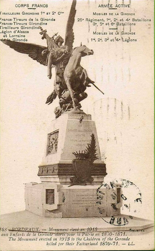 Carte postale ancienne Bordeaux-monument-des-enfants-de-la-gironde-morts-pour-la-patrie-en-1870-71-date-1913 d (2) à Bordeaux