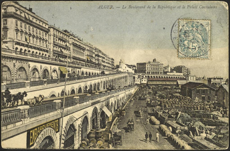 Carte postale ancienne Getty Research Institute - Neurdein Freres - Algiers-The Boulevard de la Republique and the Consular Palace (GRI) (pd)