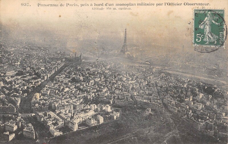 Carte postale ancienne Panorama De Paris Pris A Bord D'Un Monoplan Militaire Officier Observateu