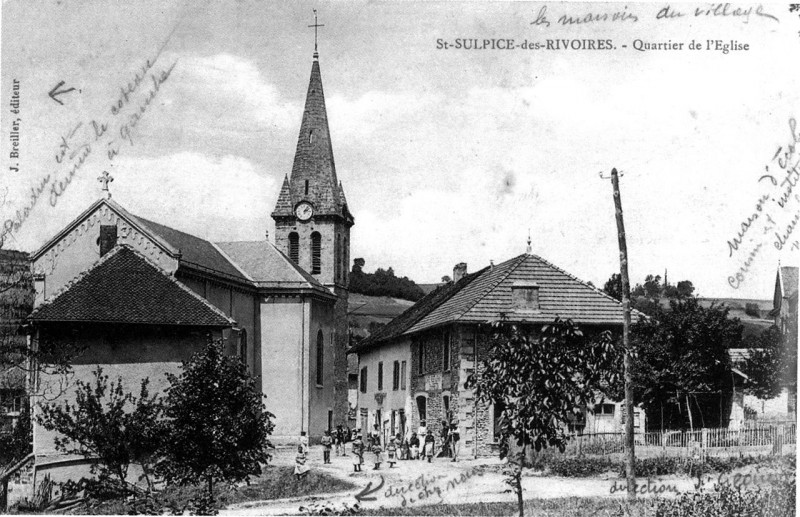 Carte postale ancienne Saint-Sulpice-des-Rivoires quartier de l'église, 1908, p230 de L'Isère les 533 communes