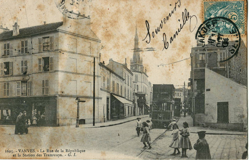 Carte postale ancienne Gi 1605 - Vanves - La Rue de la République et la Station des Tramways à Vanves