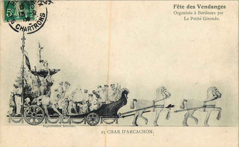 Carte postale ancienne Bordeaux fête-des-vendanges 25 Char d'Arcachon à Bordeaux