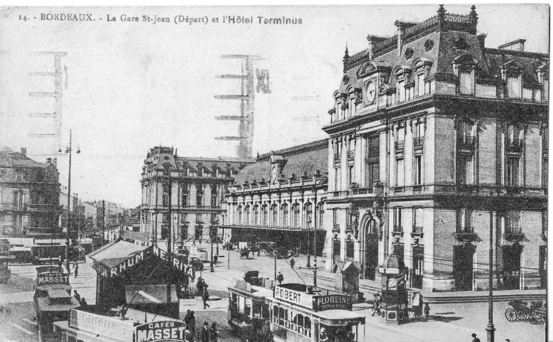 Carte postale ancienne Cigogne 14 - Bordeaux - La Gare St-Jean (Départ) et l'Hotel Terminus à Bordeaux