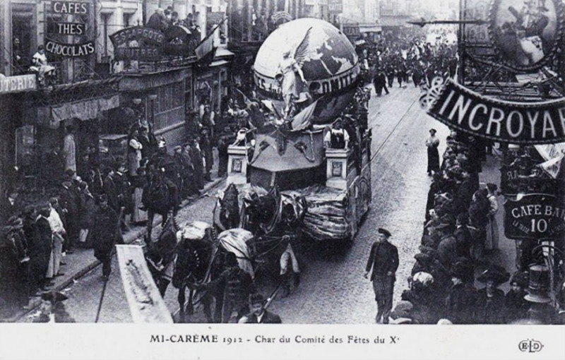Carte postale ancienne Char du Comité des Fêtes du Xème arrondissement à la Mi-Carême 1912 à Paris