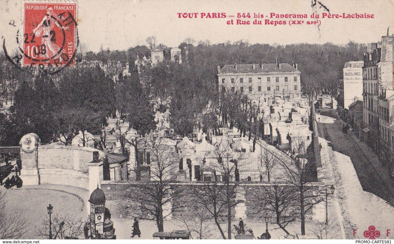 Carte postale ancienne Panorama du Père-Lachaise et Rue du Repos à Paris 20e