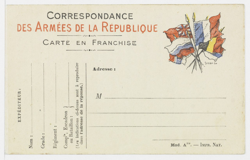 Carte postale ancienne Exemplaire d'une carte en franchise de la Correspondance des Armées de la République - Archives nationales - Ab-Xix-4012 classeur 1