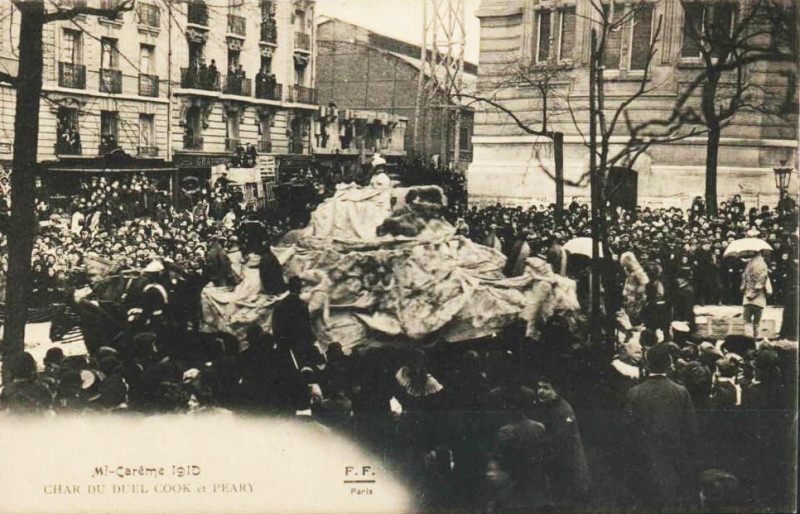 Carte postale ancienne Mi-Carême 1910 - Char du duel Cook et Peary