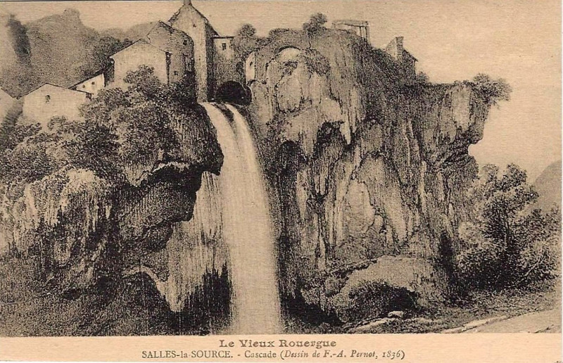 Carte postale ancienne Salles-La-Source - Cascade (Pernot 1836)