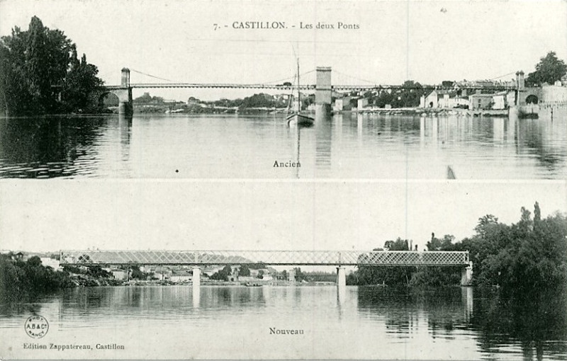 Carte postale ancienne Castillon - pont suspendu et pont Tranchard