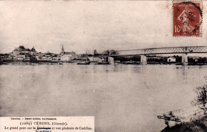Carte postale ancienne Cérons - pont sur la Garonne