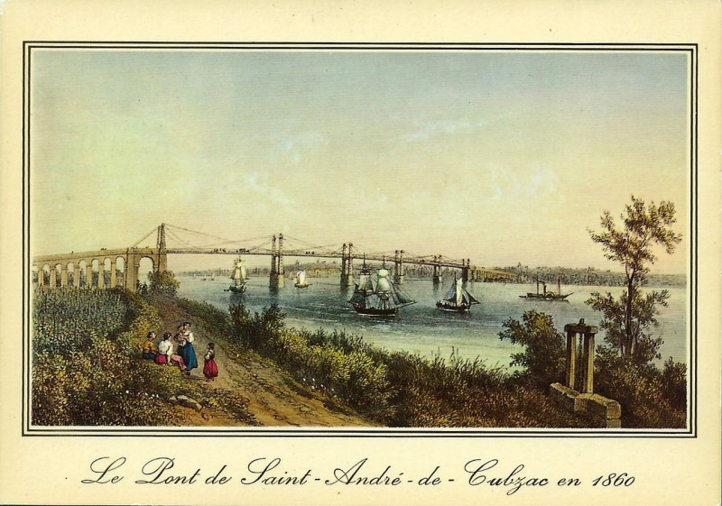 Carte postale ancienne Cubzac-les-ponts - pont suspendu (1860) 1