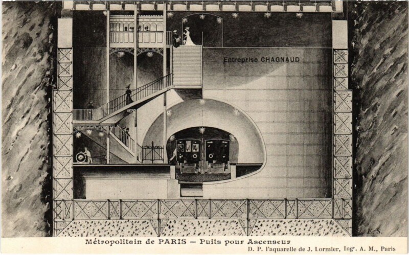 Carte postale ancienne Paris puits pour ascenceur Metropolitain