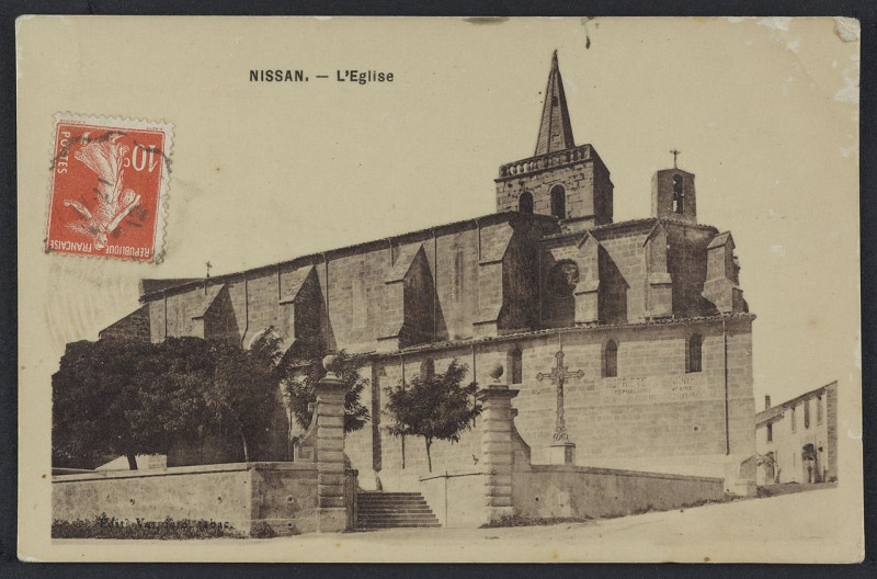 Carte postale ancienne Nissan l'église 1912 - Archives départementales de l'Hérault - FRAD034-2FICP-06371-00001