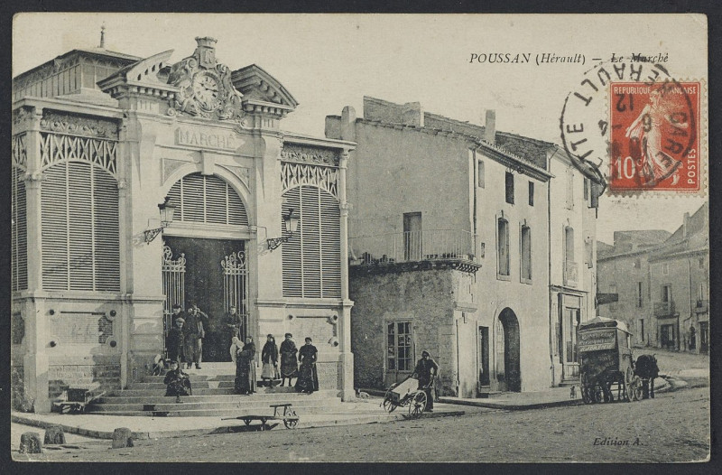 Carte postale ancienne Poussan le marché 1912 - Archives départementales de l'Hérault - FRAD034-2FICP-04375-00001