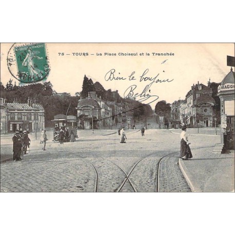 Carte postale ancienne 37-tours-la-place-choiseul-et-la-tranchee-tramway