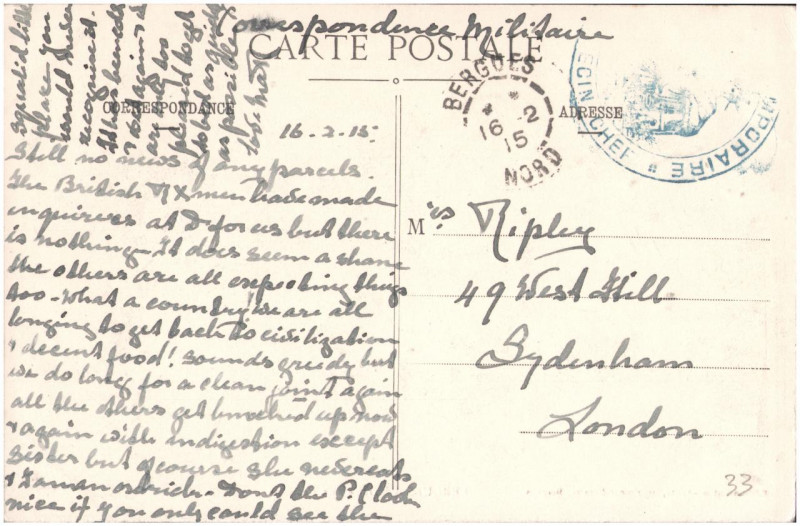 Carte postale ancienne Postcard from Margaret Ripley to her mother, sent 16 February 1915 