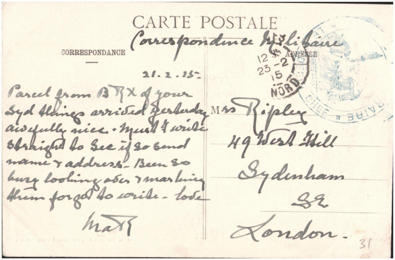 Carte postale ancienne Postcard from Margaret Ripley to her mother, sent 21 February 1915 