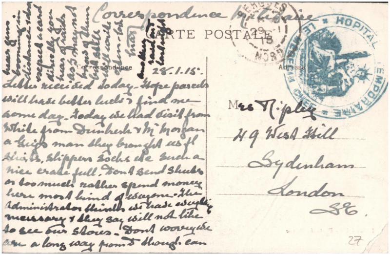 Carte postale ancienne Postcard from Margaret Ripley to her mother, sent 24 February 1915 
